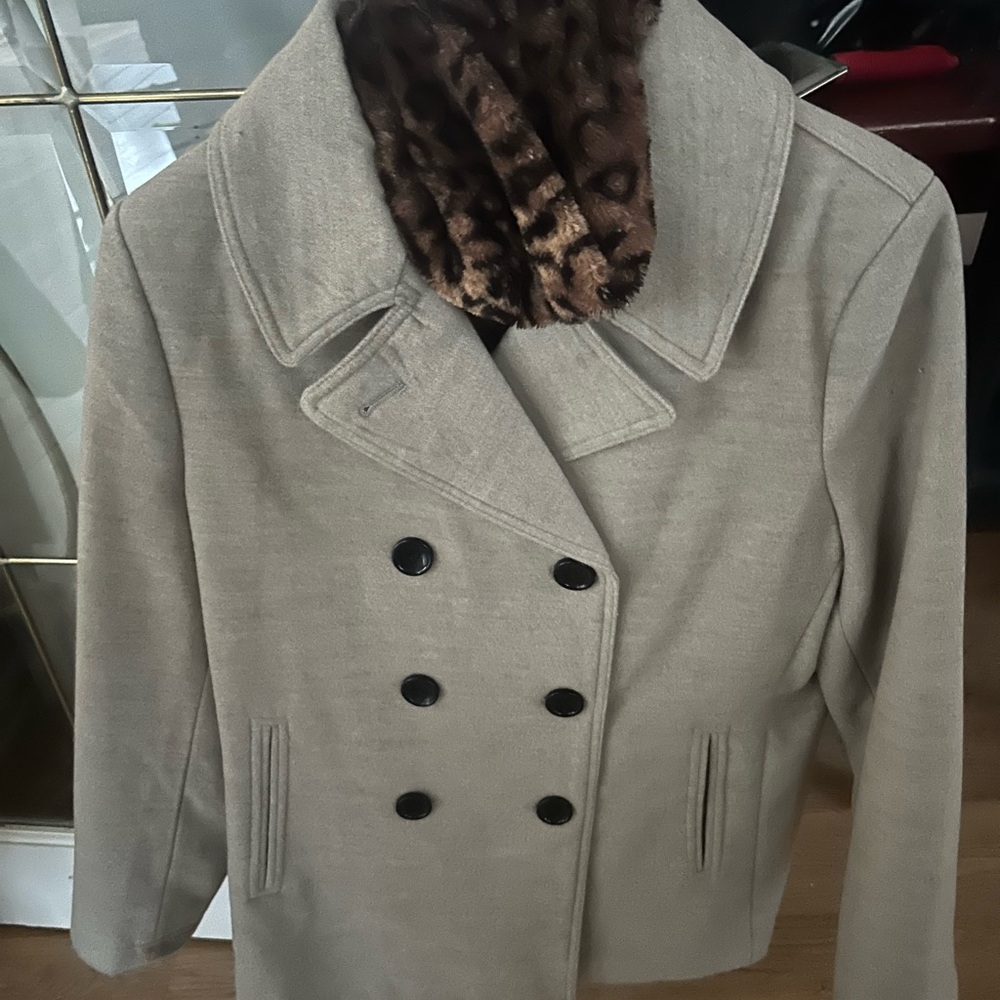 Women's Tan Peacoat with Faux Fur Collar